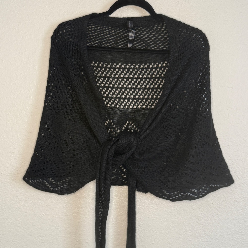 Whimsigoth Fairy Grunge Mohair Pointelle Knit Front Tie Shrug Cardigan Bolero